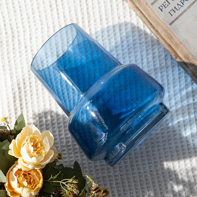 Relexome Blue Glass Flower Vase for Centerpieces Bouquet Flowers Modern Wide Mouth Glass Vase Decorative Bud Vases for Home Decor, Living Room, Kitchen, Dining Table, Entryway 7.3 Inch