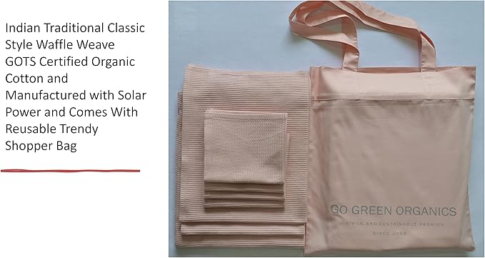 Waffle Bath Towel Set Organic Cotton GOTS Certified Pearl Blush Super ABSORBANT & Quick Dry NO SOFTENERS Environment Friendly 1xBATH 58x30.5, 2xHAND 29x20, 4xFACE 12x12INCH