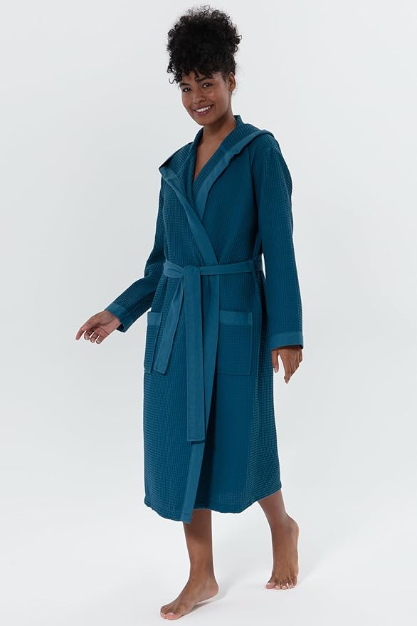 SEYANTE Women's Organic Cotton Waffle Kimono, Hooded Robe – GOTS Certified Lightweight Full-Length Spa Bathrobe with Piping