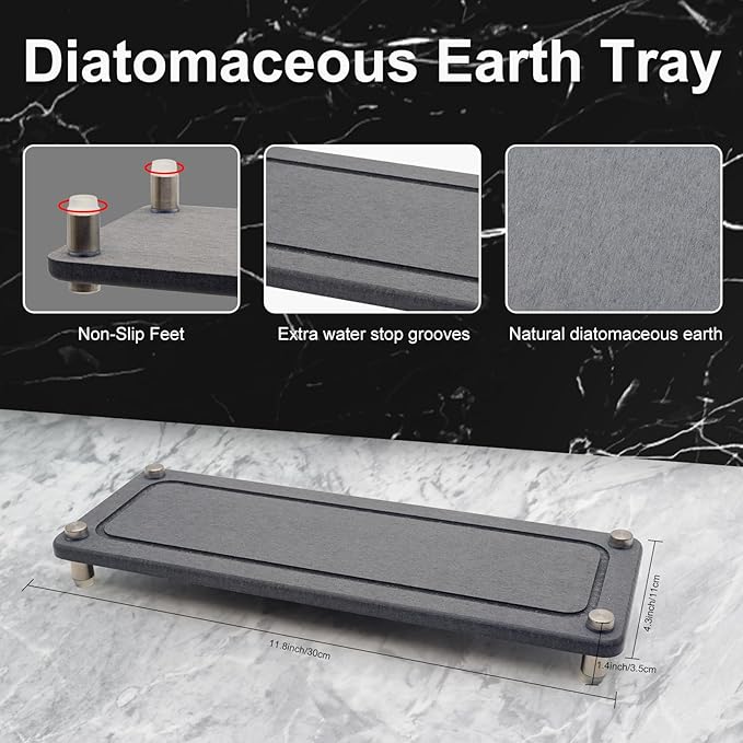 2PCS Water Absorbing Stone Trays, Diatomite Bathroom Counter Tray, Caddy Kitchen Sink Organizer Tray, Faucet Drying Mat Coaster Soap Dish Riser Dispenser Sponge Holder (Grey, 12'' x 4'')