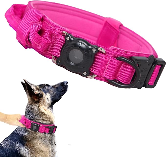 Upgraded AirTag Dog Collar,Waterproof Tactical Dog Collar with AirTag Holder, Control Handle and Metal Buckle,Heavy Duty Dog Collars for Large Dogs (Rose Red，L