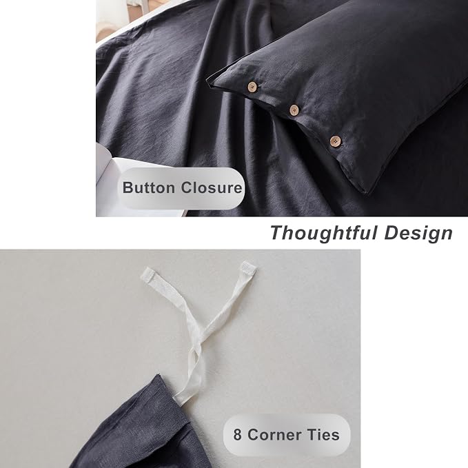 TOSMO 100% Linen Duvet Cover Set with Button Closure, 2 Pieces (1 Duvet Cover with 1 Pillow Case), Soft Breathable Durable Farmhouse Bedding - Twin, Charcoal Grey