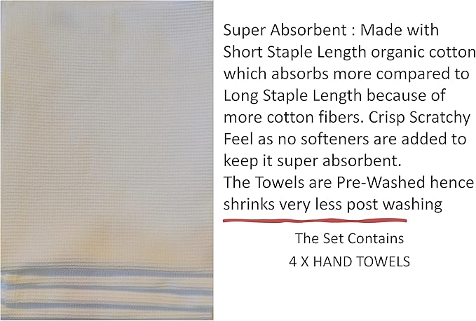 Waffle Hand Towels Pack of 4, 20X29 INCHES, 100% Natural Organic Cotton GOTS Certified (White) Super ABSORBANT & Quick Dry, NO SOFTENERS, Environment Friendly