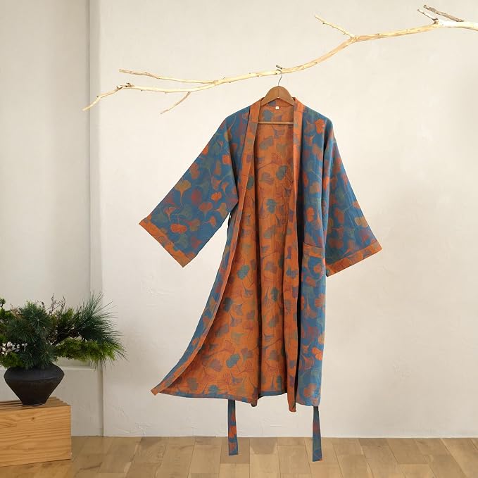 100% Cotton Gauze Ginkgo Leaf Kimono Robe, Long Knit Loose Bathrobe Nightgown Ladies Loungewear Sleepwear for Women