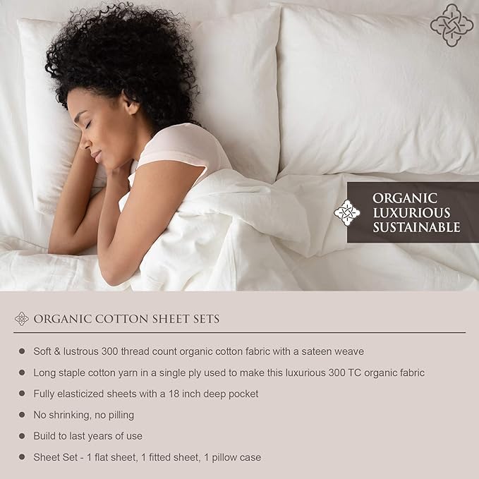 BIOWEAVES 100% Organic Cotton Sheets, 300 Thread Count 3-Piece GOTS Certified Bed Sheet Set Fits Mattress Upto 17" Deep Pocket, Soft & Silky Sateen Weave (Twin, Sand)