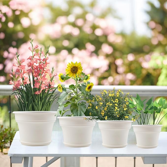 Pottiffe 13 Inch Plastic-Flower-Pot-for-Indoor-Plants, 4 Pack Large Outdoor Planter Pot with Drainage Holes & Saucers, Resin Decorative Garden Pots Planters