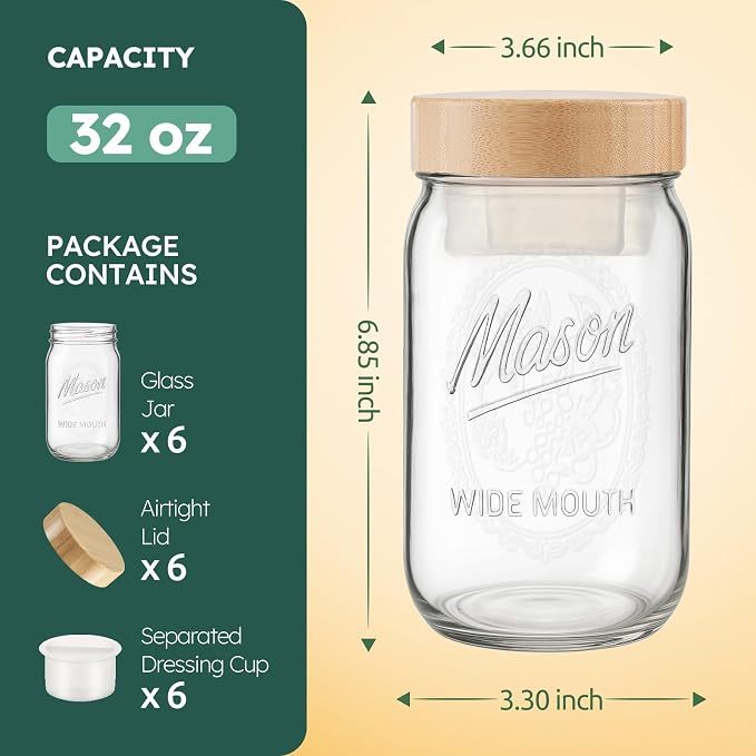 32 oz Glass Jars, Wide Mouth Mason Jars with Bamboo Airtight Lids for Food Storage, Snacks, Meal Prep & Lunch Leakproof (6 Pack - Bamboo)