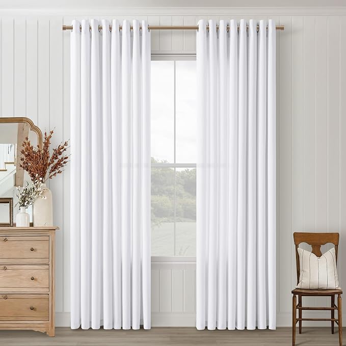 80 Inches Long White Linen Curtains 2 Panels for Living Room Large Window Bronze Grommet Top Semi Sheer White Drapes Light Flitering Privacy Floor to Ceiling 80 Inch Curtain Panels for Sliding Door