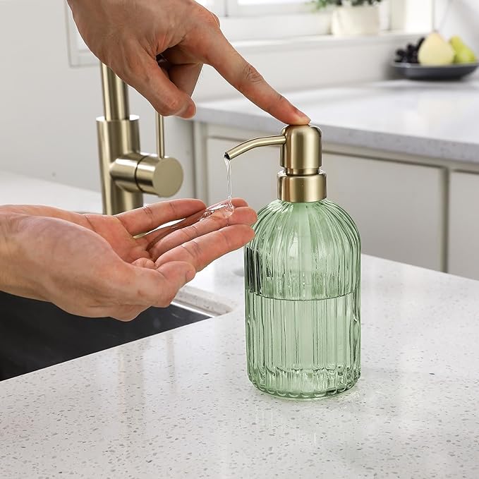 16Oz Green Glass Soap Dispenser with Rust Proof Stainless Steel Pump, Green Stripe Bathroom Hand Dish Lotion Dispensers with Brushed Gold Pump,Brushed Gold Glass Soap Dispenser