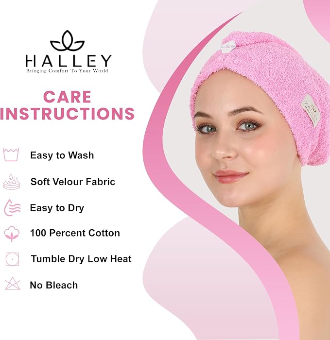 HALLEY Cotton Hair Towel Wrap (3 Packs) Super Absorbent Fast Drying Hair Towel for Thick Hair Turbans for Wet Hair with Button (Pink)