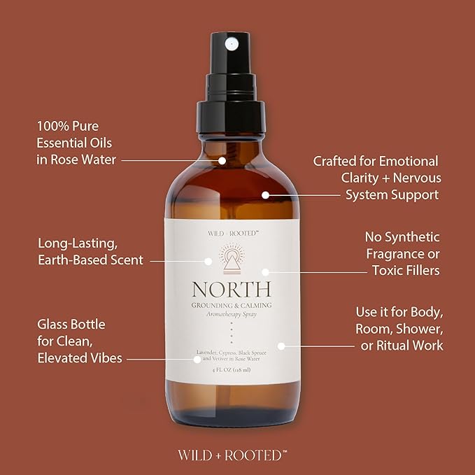North Aromatherapy Room & Body Spray | Grounding & Calming Essential Oil Mist | Lavender, Cypress, Black Spruce, Vetiver in Rose Water | Body, Linen & Pillow Spray | 4oz Glass Bottle