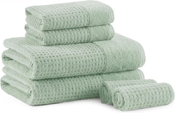 Madison Park Spa Waffle 100% Cotton Luxurious Towel Set, Premium Texture Waffle Weave, Highly Absorbent, Quick Dry, Hotel & Spa Quality Wash Clothes for Bathroom, Assorted Sizes, Seafoam 6 Piece