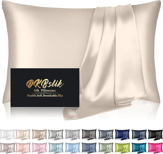 Silk Pillowcase for Hair and Skin, Mulberry Silk Pillow Cases Standard Size Anti Acne Cooling Beauty Sleep Both Sides Natural Silk Satin Pillow Covers with Hidden Zipper, Gifts for Women Men, Beige