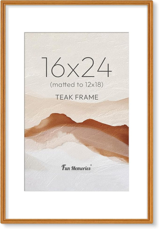 16x24 Picture Frame with Mat for 12x18, USA-Sourced Teak Wood Handcrafted Rounded Corner with HD Tempered Glass, 16 x 24 Gallery Wall Frames for Posters & Art Prints, Vertically or Horizontally
