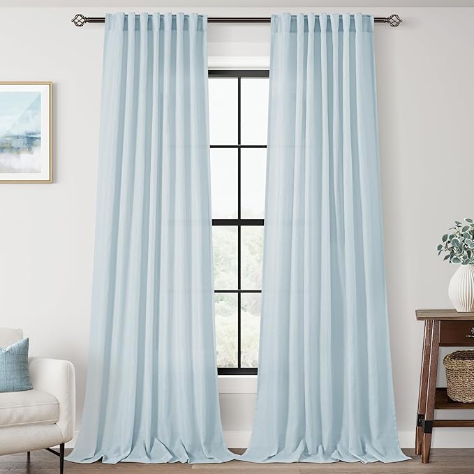 Sky Blue Curtains 102 inch Length for Bedroom Back Tab Light Filtering Semi Sheer Blue Living Room Curtains Linen Cotton Textured Drapery Panel Aesthetic Decor Light Blue 52x102