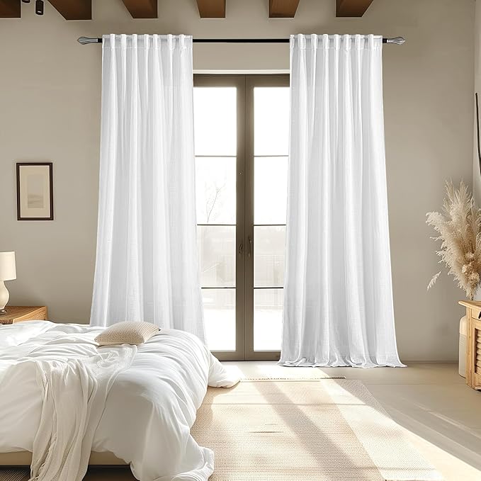 MIULEE White Linen Curtains 90 Inch Long 2 Panels for Bedroom Living Room, Soft Thick Linen Textured Back Tab Window Drapes Semi Sheer Light Filtering Rod Pocket Modern Farmhouse Decor