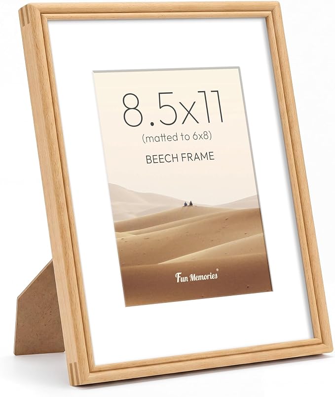 8.5x11 Picture Frame with Mat for 6x8, USA-Sourced Natural Beech Wood Handcrafted Rounded Corner with HD Tempered Glass, 8.5 x 11 Photo Frames Gallery Wall & Tabletop, Vertical or Horizontal Display