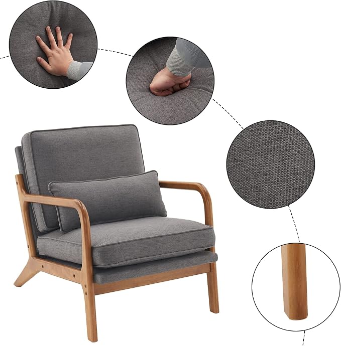 Karl home Mid-Century Modern Accent Reading Chair, Grey | Linen Upholstered, Solid Wood Frame, Soft Cushion, Lumbar Pillow, Lounge Armchair for Living Room, Bedroom, Balcony, Study