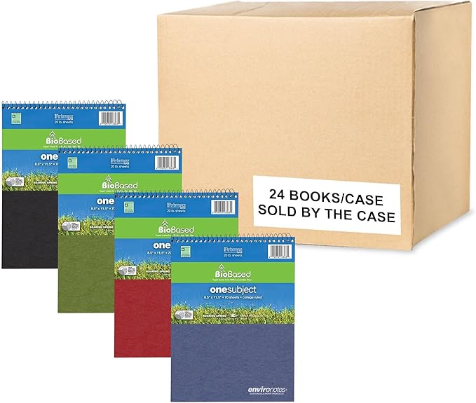 Case of 24 FlipPer Wirebound 1 Subject Notebooks, 8.5"x11.5", 70 sheets 20# BioBase White Paper, Asstd Earthtone covers, College Ruled W/Margin