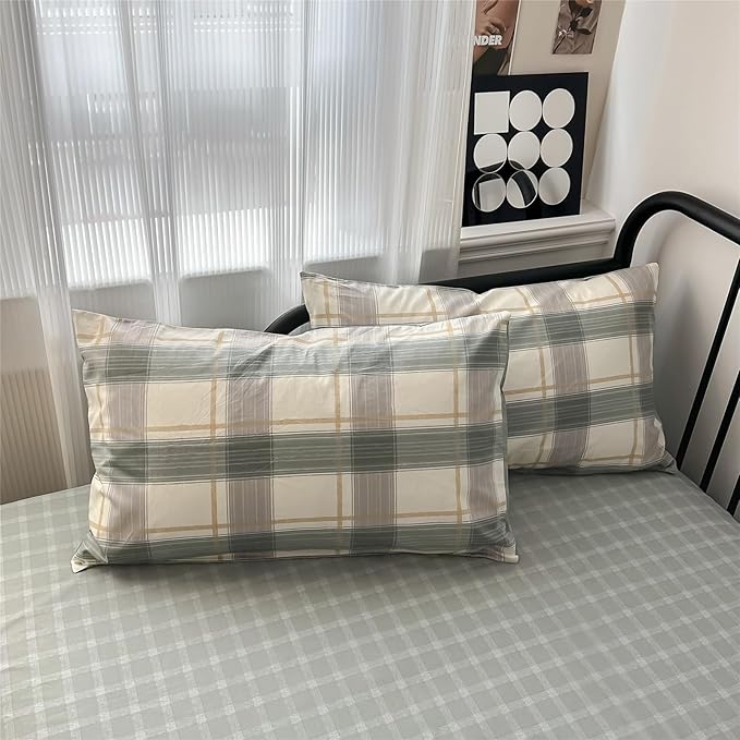 mixinni Green Grid Duvet Cover Set Twin - Vintage Buffalo Plaid Bedding Set-Green &Yellow&Beige, Soft Cotton Geometric Checkered Bedding Set with 2 Pillowcases for Boys, Girls, Teens