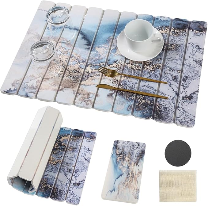 Natural Diatomaceous Earth Dish Drying Mat, Large 24"x16" Stone Kitchen Mats | Ultra Fast-Absorbing, Foldable & Eco-Friendly Dishes Drying Pad for Countertop, Cups, Utensils (Blue & Grey)