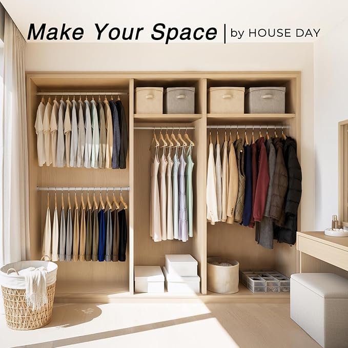 HOUSE DAY Slim Wooden Hangers 30 Pack, Solid Wood Hanger with Non Slip Shoulder Notches & Pant Bar, Smooth Finish Wood Clothes Hangers for Shirts, Suits, Jackets, Natural