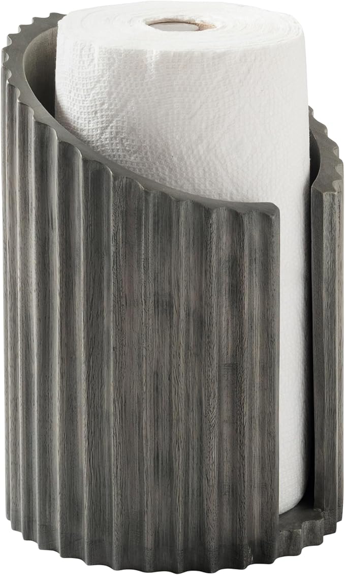 Anji Mountain Wooden Paper Towel Holder Countertop with Mango Wood Round Base and Iron Holder, Holder Stand for Kitchen Roll Organizer & Kitchen Dining Table Home Decor - Greige/Nickel, Fluted