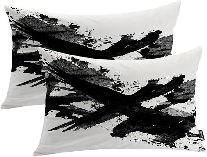 Shrahala Ink Black Hand Painted Decorative Throw Pillow Cover, Graphic White Brush Stroke Lumbar Pillowcase Blended Double-Sided No Inserts for Bedroom Living Room Set of 2 (12 X 20 in)