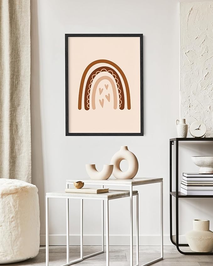 Boho Nursery Rainbow Wall Art with Hearts Earth Tones Terracotta Brown Scandi Minimalist Style 16x20 Inch Oak Wood Black Framed Playroom Decor Print for Kids Room