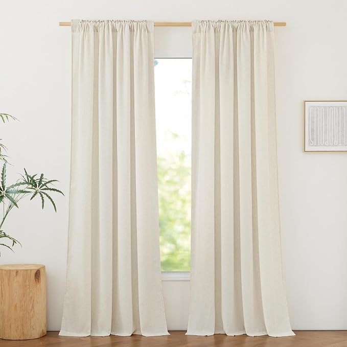 NICETOWN Rod Pocket & Back Tab Thick Flax Semi Sheer Linen Curtains, Privacy with Light Filtering Panels for Home Decor, Natural, W55 x L120, 2 Panels