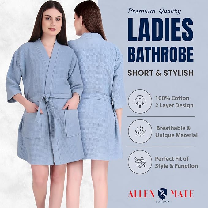 ALLEN & MATE 100% Cotton Women's Short Robe Dual Fabric Waffle Outside & Terry Towel Inside Kimono Bathrobe Medium Weight