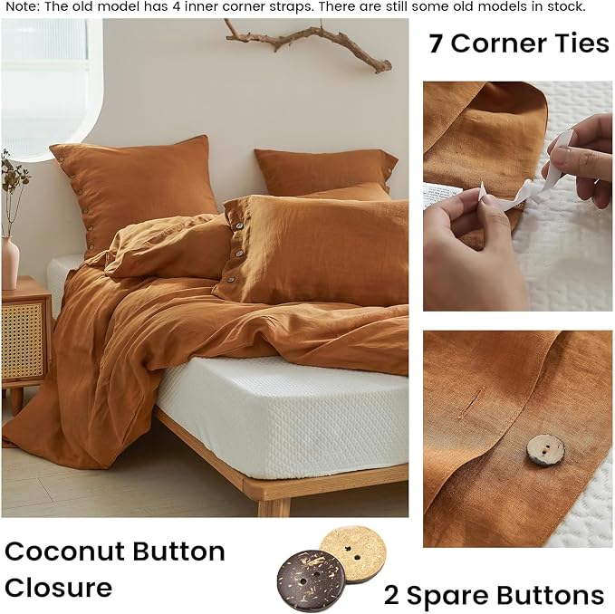 Simple&Opulence 100% Linen Duvet Cover Set 3pcs with Coconut Button Closure Natural French Washed Flax Solid Color Soft Breathable Farmhouse Bedding - Rust, Queen Size