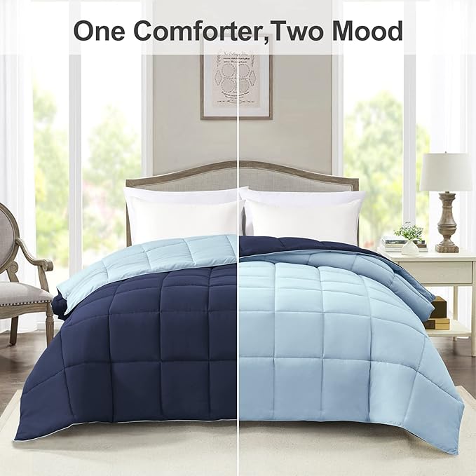 Homelike Moment Comforter King Size - Blue Duvet Insert Down Alternative Bed King Comforter, Lightweight Bedding Comforters Quilted Soft All Season Reversible Navy/Light Blue