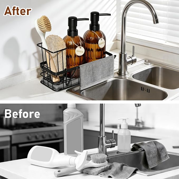 Kitchen Soap Dispenser Set, 14.4 oz/425 ml Hand and Dish Soap Dispenser Set, Dish Soap Dispenser with Sponge Holder & Diatomite Tray, for Countertop Organizer, Amber