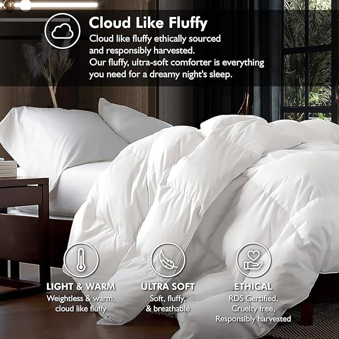 Luxurious Palatial King/Super King Goose Down Comforter, 120 X 90 inches, Unique White Solid, 600 Thread Count, 100% Egyptian Cotton Cover, 85 Oz Fill Weight, 750 Fill Power