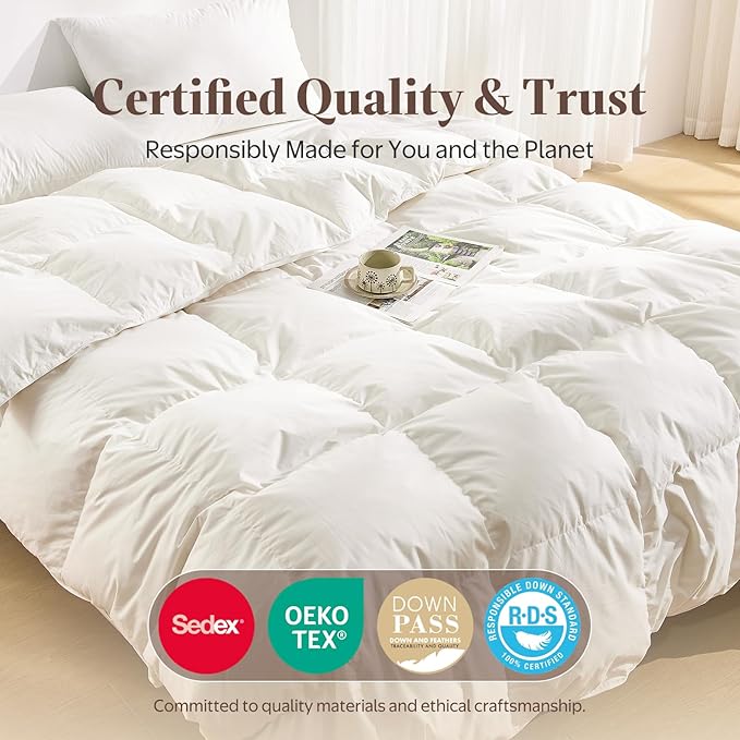 Goose Feather Down Fiber Comforter Oversized King - 100% Organic Cotton Shell All Season Duvet Insert, Medium Warmth Hotel Luxury Bedding Comforter(120x98 Inch, White)