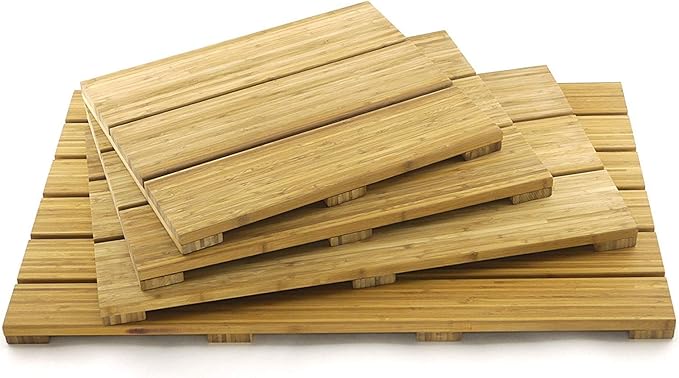 BambooMN Bamboo Bath Mat for Bathroom, Spa, Outdoor Shower, Small Rectangle (20" x 17" x 1.3"), Anti-Slip, Water Resistant Coating - 2 Pieces