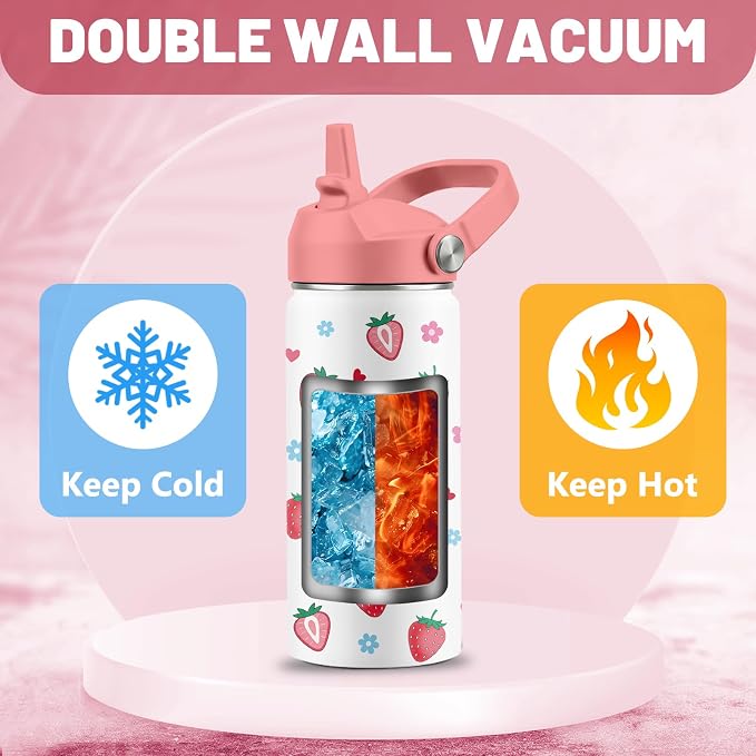 16 oz Water Bottle with Straw Lid, 2 Pack Set, Strawberry Mermaid Gifts for Girls, Stainless Steel Insulated Water Bottles for School Travel Outdoor Sports, Pink Cups Birthday Gifts