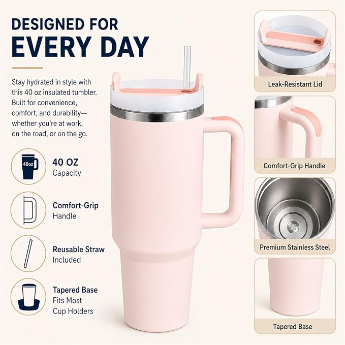 Pandance 40 oz Tumbler with Handle, Tumbler with Lid and Straw(Rose Quartz) | Stainless Steel Vacuum Insulated Travel Mug, Sturdy Screw-on lid, Cup Holder Friendly, Large Capacity Cup For Iced Coffee