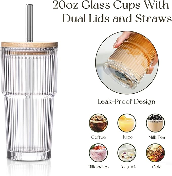 KEMORELA 20oz Ribbed Glass Tumblers with Reusable Stainless Steel Straws, Bamboo & Leak-Proof Dual Lids, Extra-Wide 13mm straw, 2Pc Vintage Drinking Glasses for Boba,Iced Coffee, Smoothies,Travel Cups