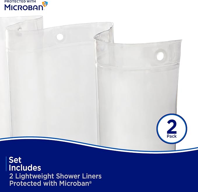 Kenney MB61122PK2 Microban Protected Lightweight 2.8 Gauge Waterproof PEVA Shower Curtain Liner with Durable Eyelet Hang Holes and Weighted Magnetic Hem for Bathroom, 70" W x 72" H, Clear, 2-Pack