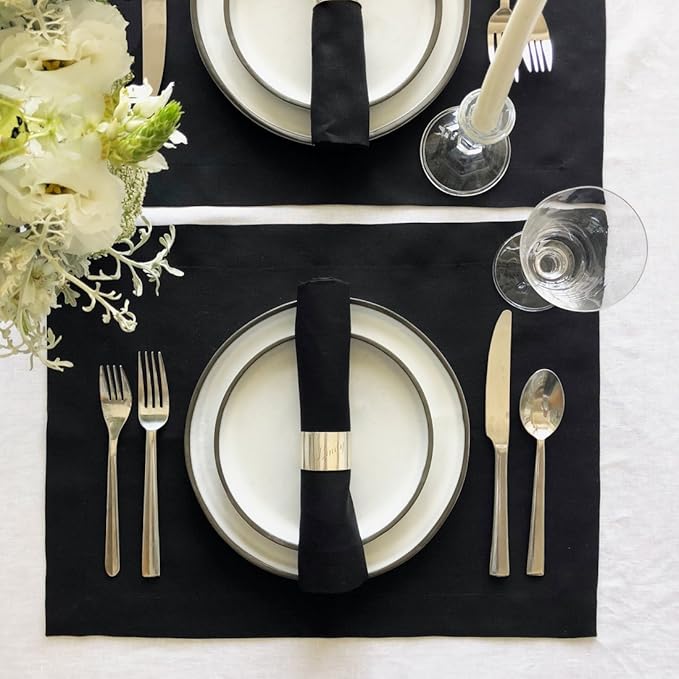 Huddleson Black Linen Napkin 20x20 (Set of Four) Luxury Italian Linen Napkin Sewn in US