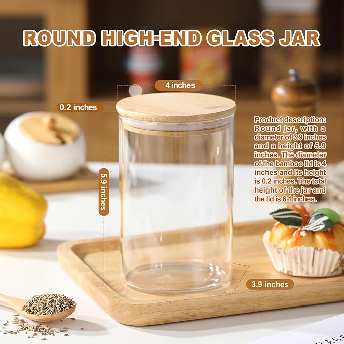 6-Pack Glass Storage Jars with Bamboo Lids,32 fl oz Candy Containers | 32 fl oz/950ml, Glass Canister Set, Airtight Containers for Kitchen Dry Goods, Coffee, Tea, Sugar,Flour,Candy, Cookie, Pasta