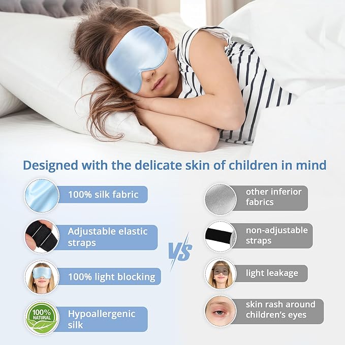 Kids Sleep Mask Eye Cover, 100% Real Natural Pure Silk Eye Mask with Adjustable Strap, Blindfold Kids Eye Mask for Sleeping, Eye Shade for Boys Girls and Adult, Pressure-Free Comfort (Blue)