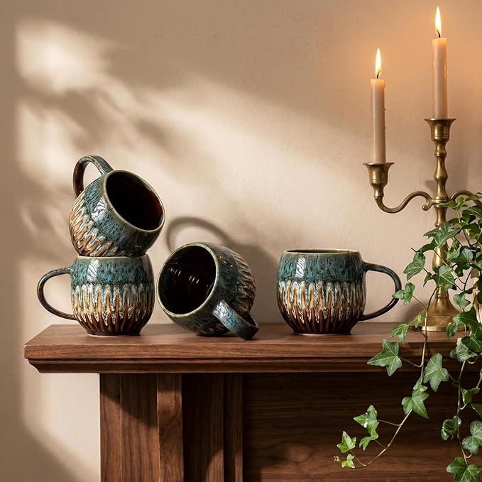 13oz Large Coffee Mug - Unique Handcrafted Look Ceramic Cup, Large Tea Mug, Microwave & Dishwasher Safe (blue,Set of 4)