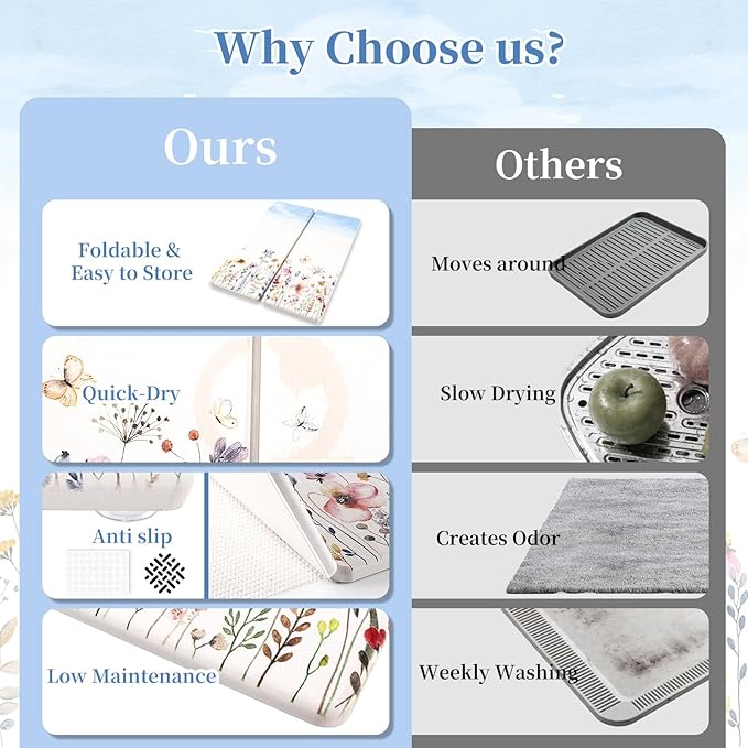 3 PCS Stone Dish Drying Mat for Kitchen Counter, Quick Dry Foldable Stone Dishes Mats, Water Absorbing Diatomaceous Earth Drying Organizer for Dishes Bottles, Cups and Tableware (Sky)