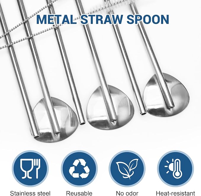 7.5 in Metal Spoon Straws, 6 Pcs Stainless Steel Spoon Straws Reusable, 2 in 1 Drinking Straw and Spoon, Straight Metal Straw with 2 Cleaning Brushes for Tea Coffee Milkshake Cocktail(Silver)