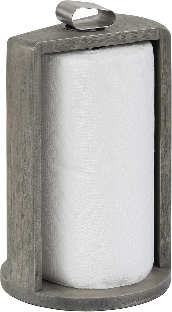 Anji Mountain Wooden Paper Towel Holder with Iron Holder, Holder Stand for Kitchen Roll Organizer & Kitchen Dining Table Home Décor, Countertop Fits Jumbo & Mega Rolls - Greige/Nickel, Top Load