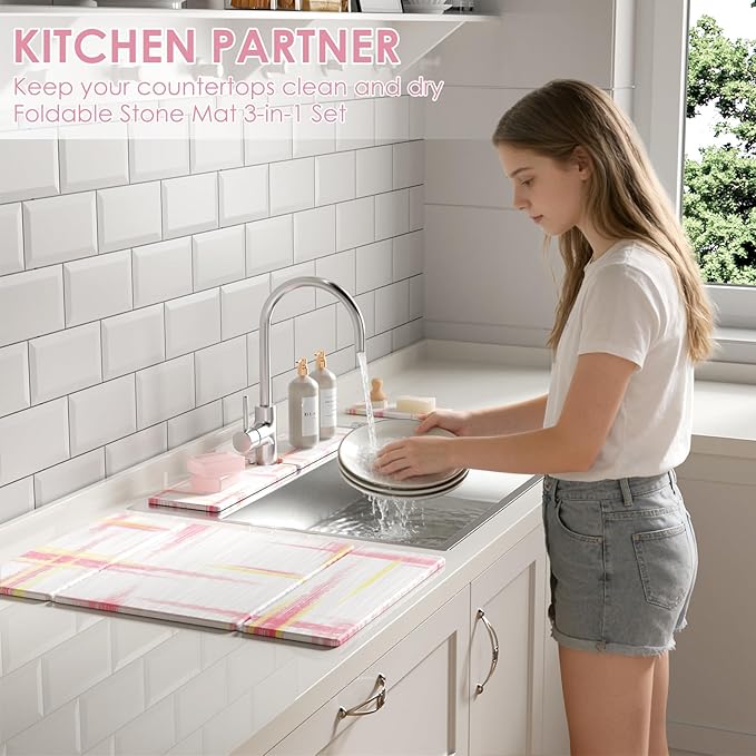 3 PCS Large Stone Dish Drying Mat for Kitchen Counter -24"x16" Absorbent Diatomaceous Earth Mat with Stone Faucet Mat & Soap Tray - Quick Dry, Collapsible, Non-Slip Countertop Organizer