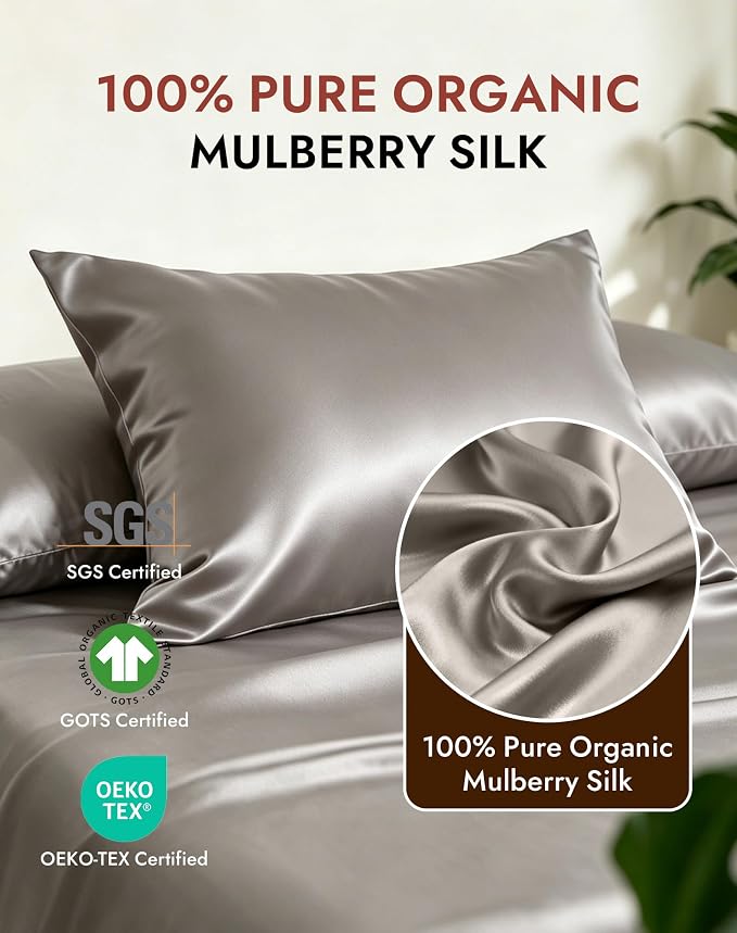 SilkSilky Luxury 30 Momme 100% Pure Organic Mulberry Silk Pillowcase for Hair & Skin, Grade 6A+ Silk Pillow Cases with Hidden Zipper, Cooling Silk for Deep Sleep (Standard 20''x26'', Silver)